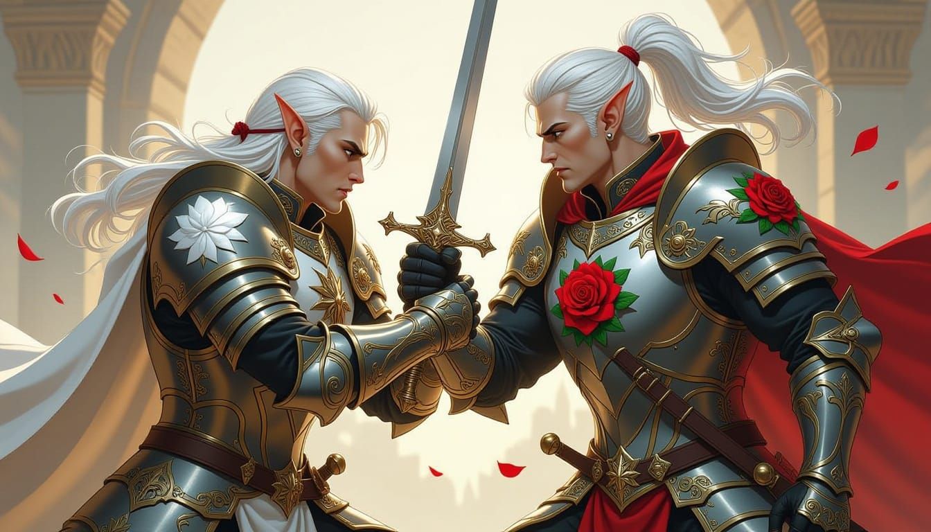 Elven Noble Duel with Rose Emblems in Illustrative Style