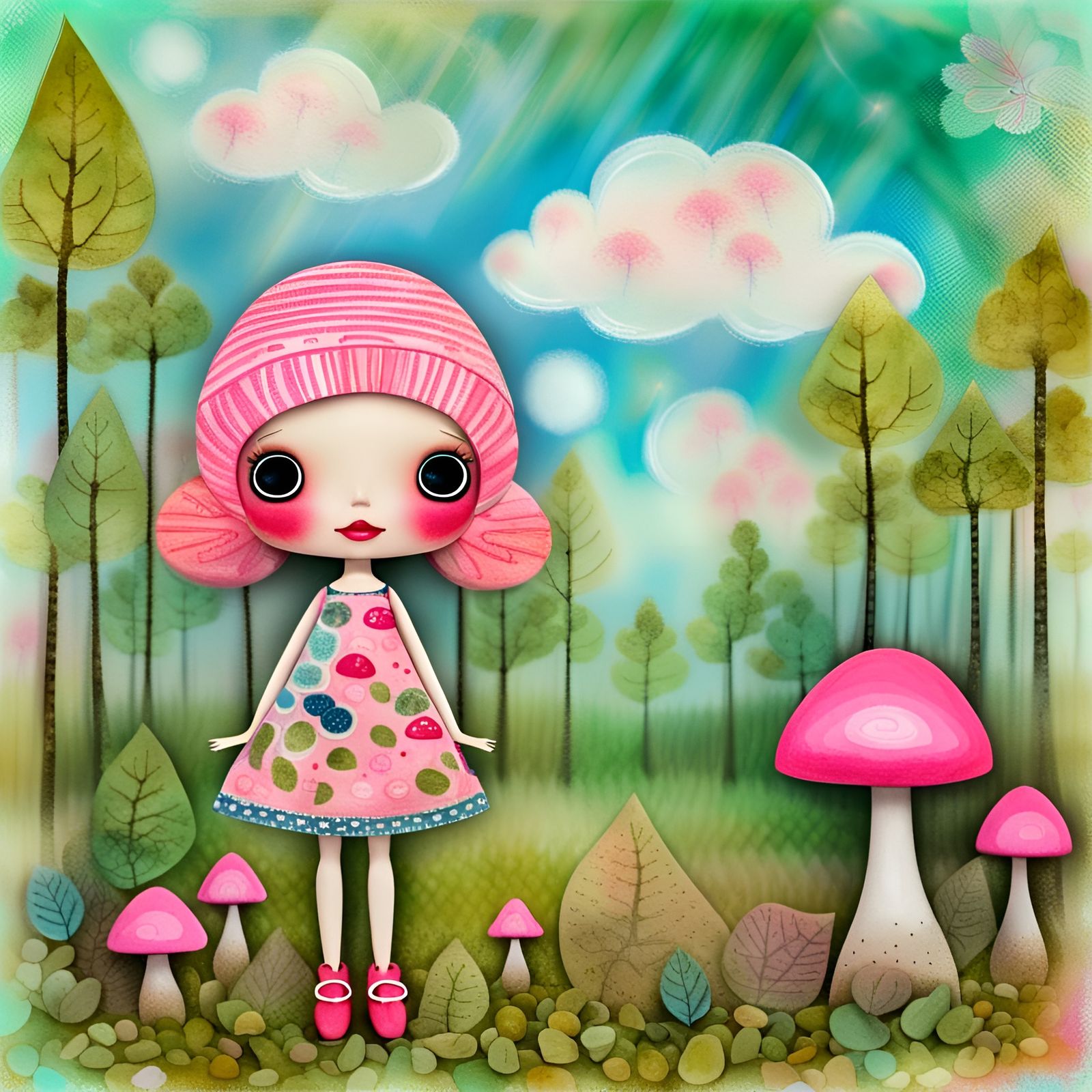 Blythe Doll in Forest Clearing, Art Brut Style