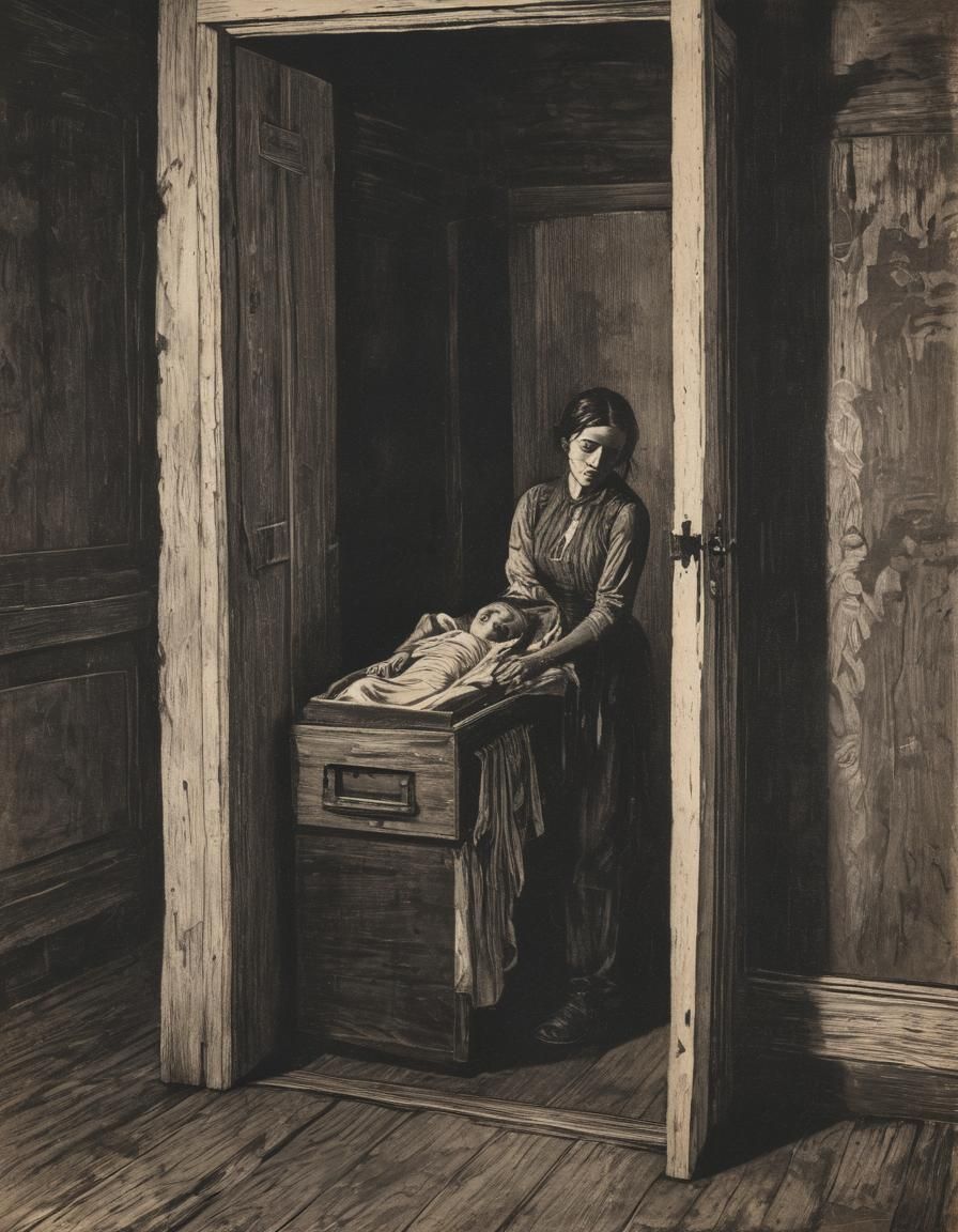 Mournful Mother and Child: German Expressionist Woodcut