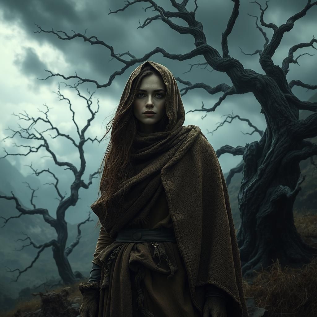 Resilient Woman in Mystical Landscape, Dramatic Art