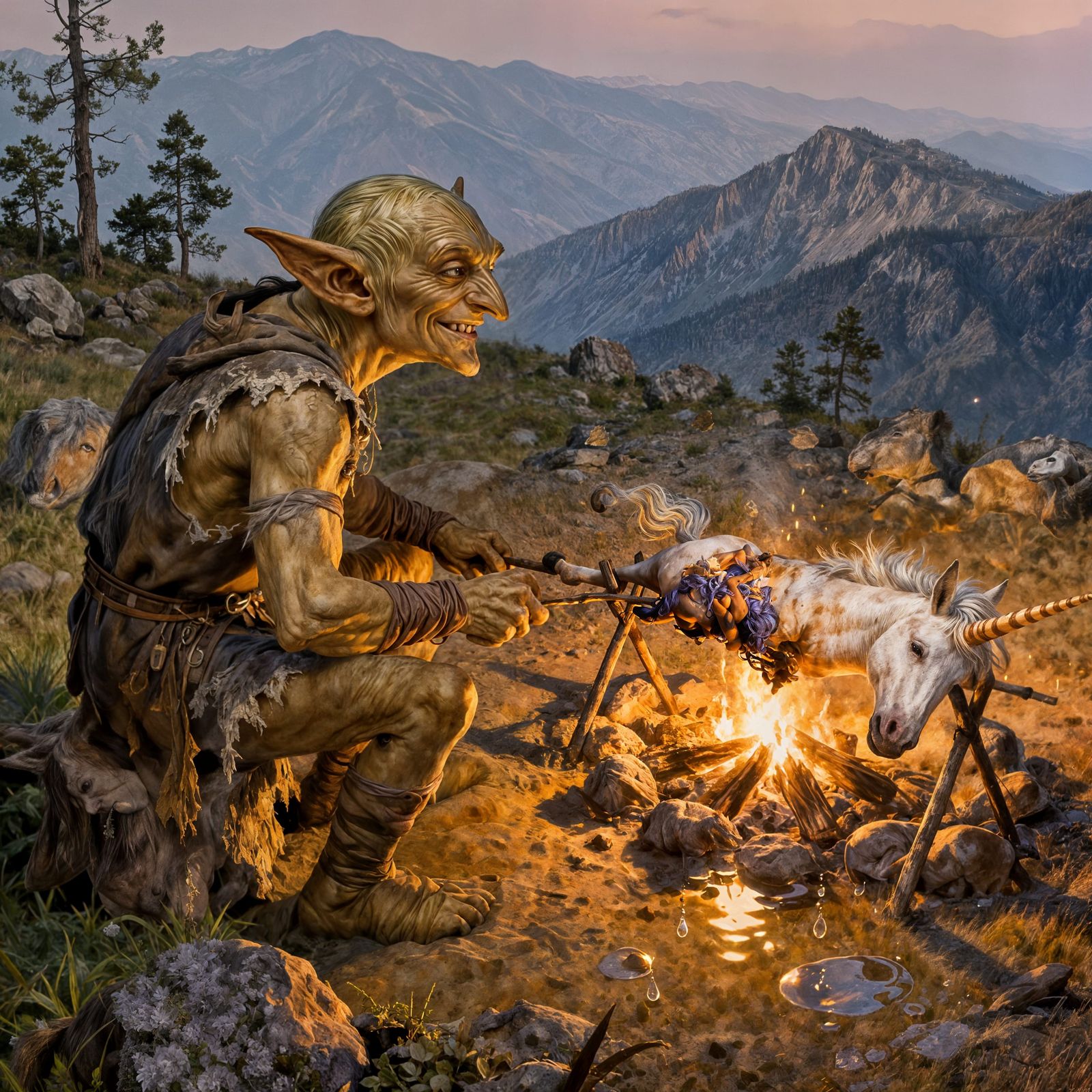 Goblin Roasting Unicorn by Campfire in Mountain