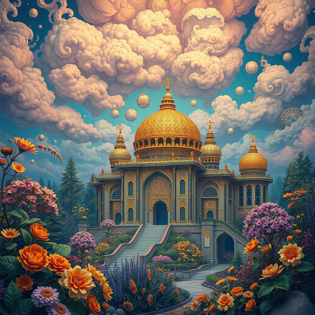 Kazakh Architecture in Mystical Garden, Fantasy Art