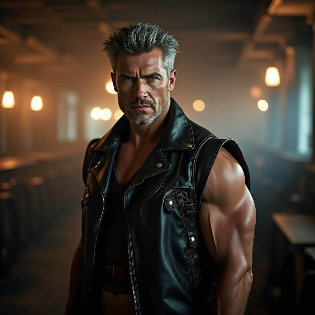 Battle-Hardened Biker Hero in Distressed Leather