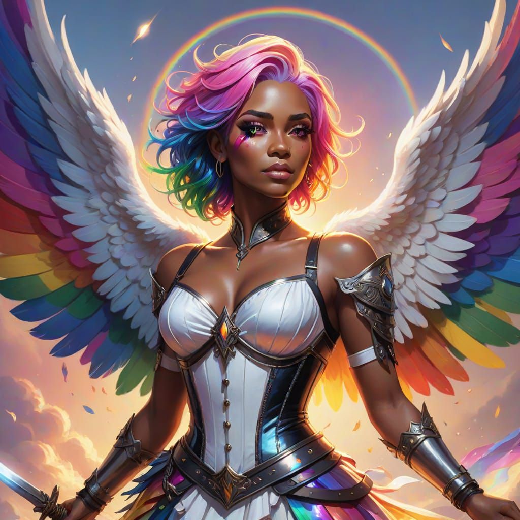 Stunning Androgynous Angel with Rainbow Eyes and Vibrant Col...