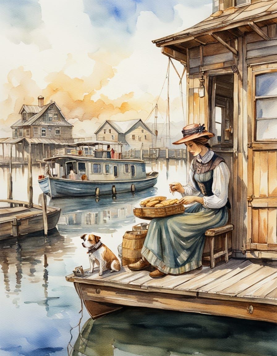 Steampunk Houseboat Scene in Watercolor Style
