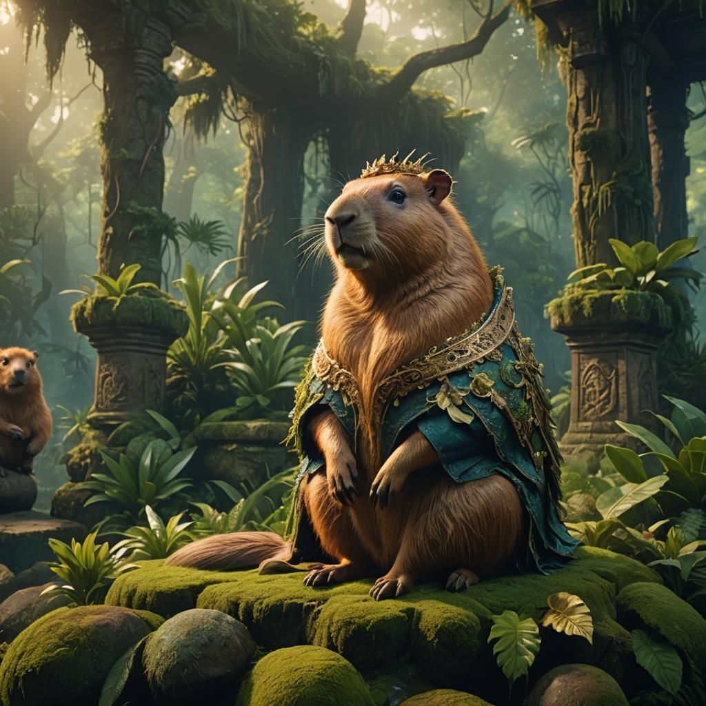 Regal Capybara on Jungle Throne in Fantasy Art