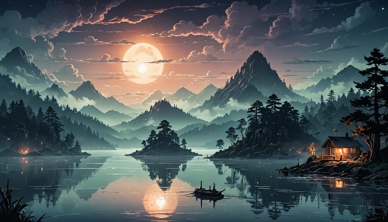 Foggy Lake Island at Night in Comic Book Style