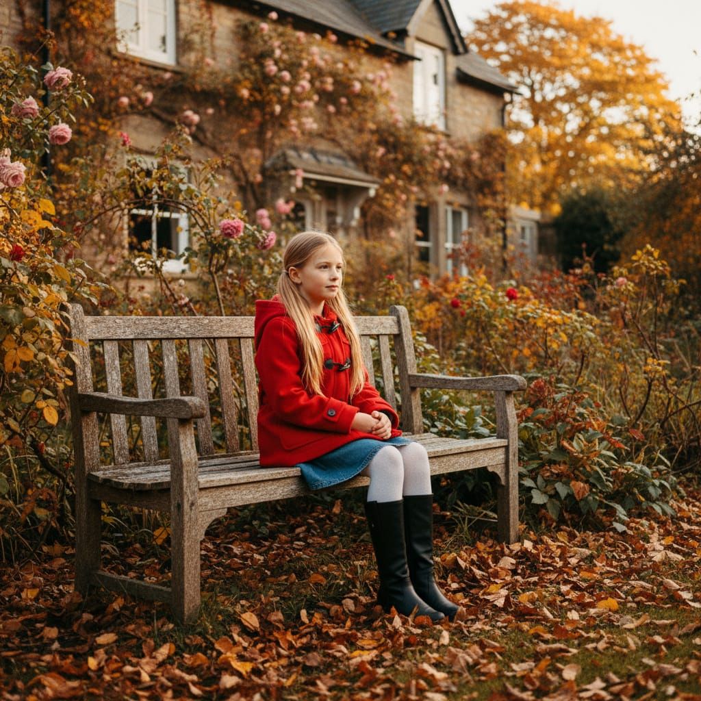 Girl in Red Coat Sits in Autumn Garden