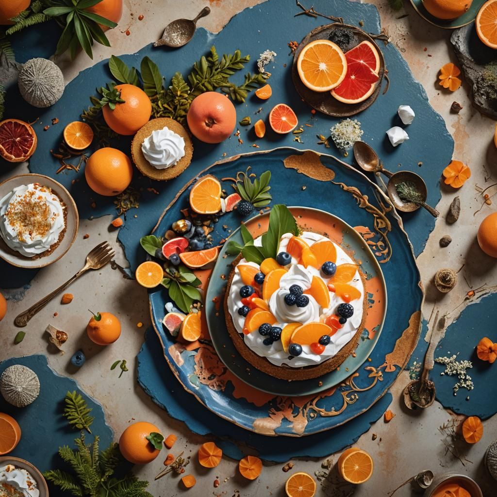 Tropical Fruit Cake Still Life in Detailed Matte Style