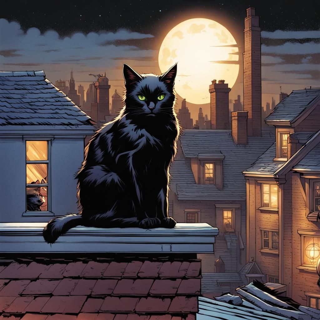 Black Cat on Roof in Comic Book Art Style