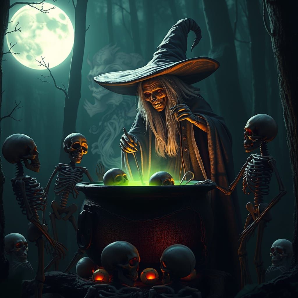 Witch Stirring Cauldron in Dark Forest