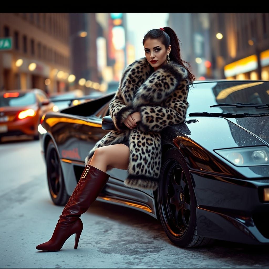 Lamborghini Diablo Silhouette with Glamorous Woman in Snow L...