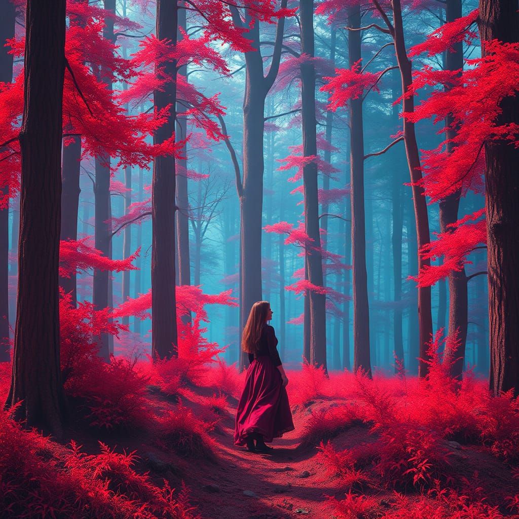 Mystical Woman in a Crimson Red Forest