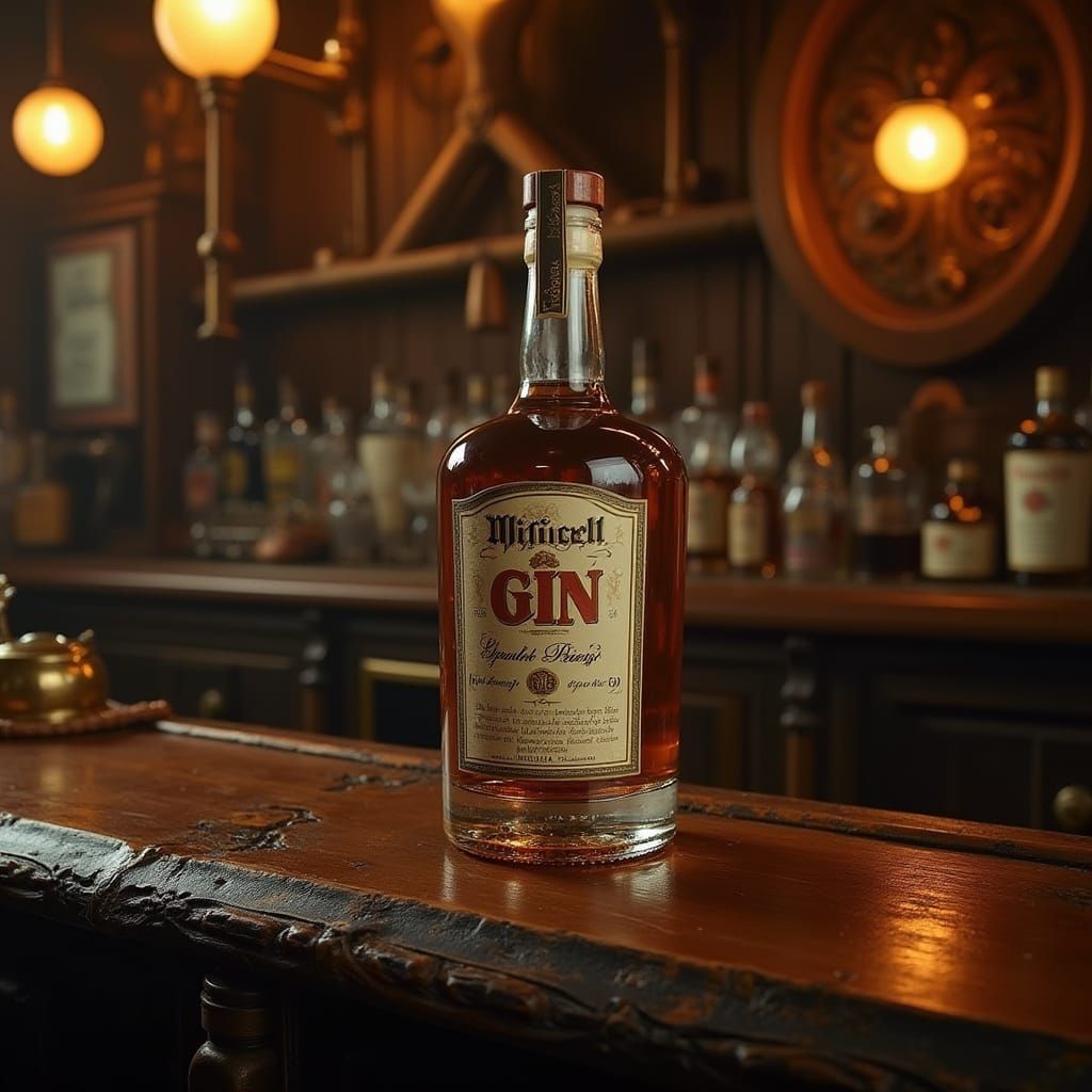 Steampunk Gin Bar with Vintage Bottle and Brass Accents