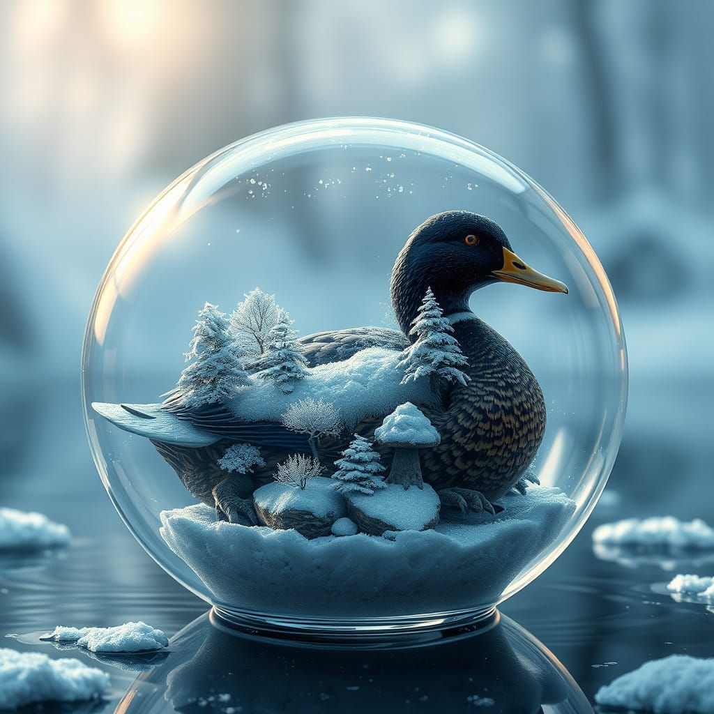 Glass Duck Sculpture with Snowy Ecosystem