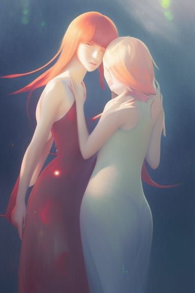 Women Embracing: A Beautiful Portrait in Anime Style