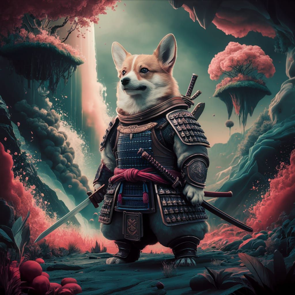 Corgi Samurai in a Fantastical Landscape