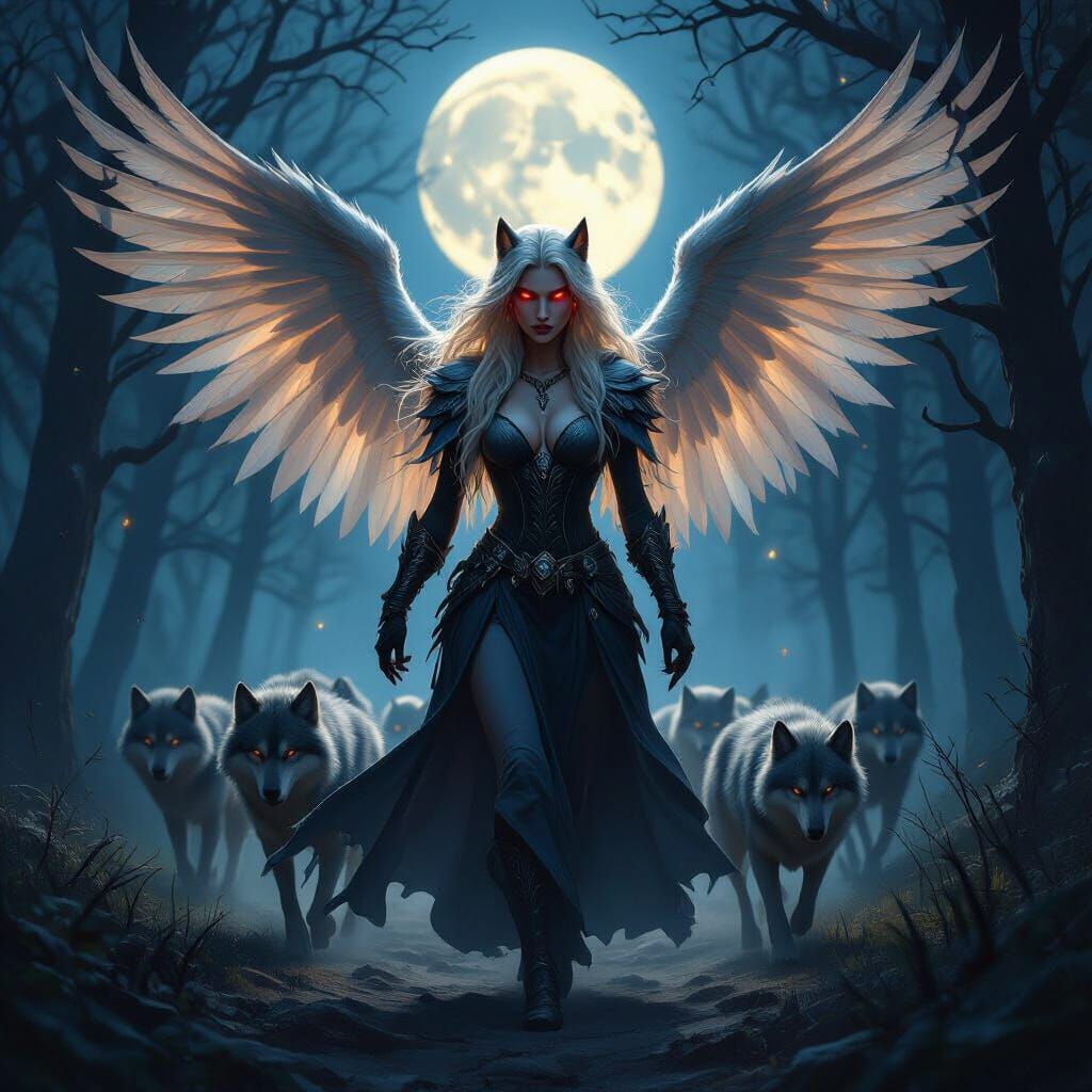 Blonde Werewolf Goddess with Wings Leads Wolf Pack