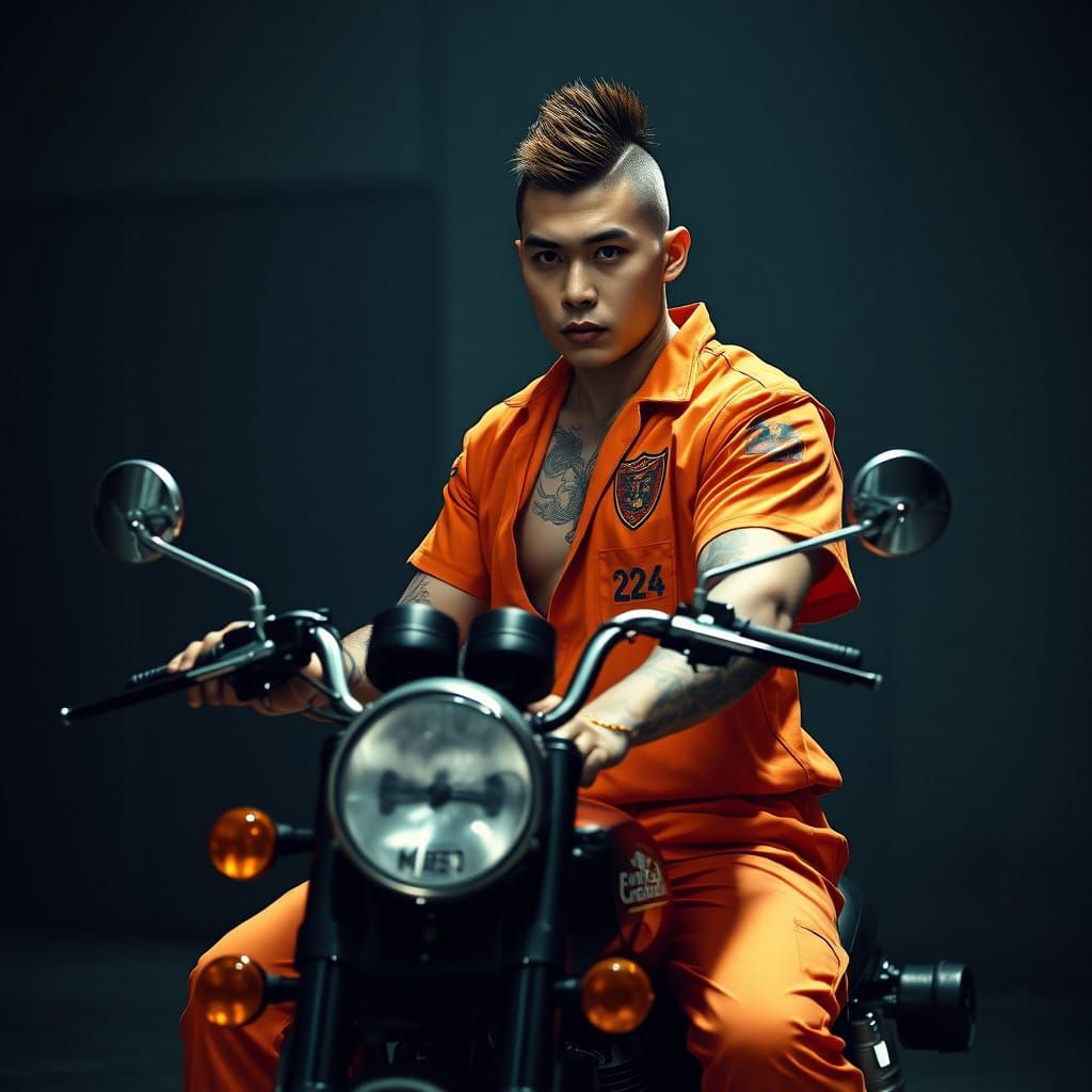 Mysterious Yakuza in Orange Prisoner Uniform, Adorned with S...