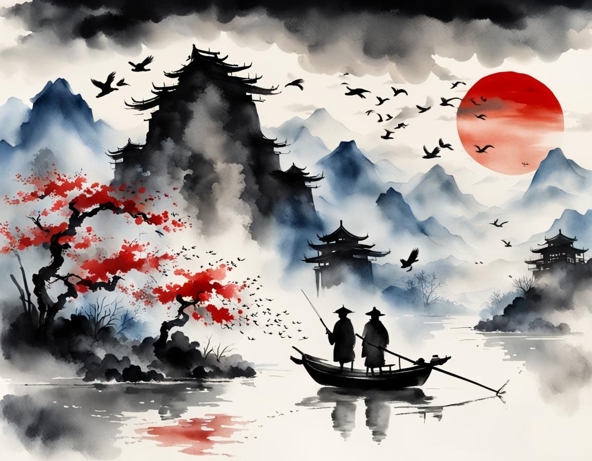 Oriental Landscape with Fishing Boat in Sumi-e Style