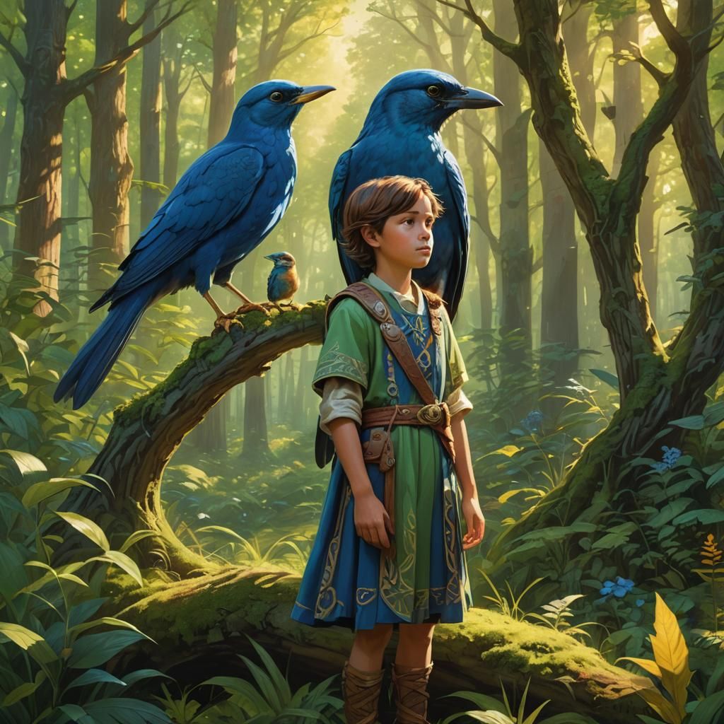 Celtic Woman, Blue Bird, and Boy in Forest Glade
