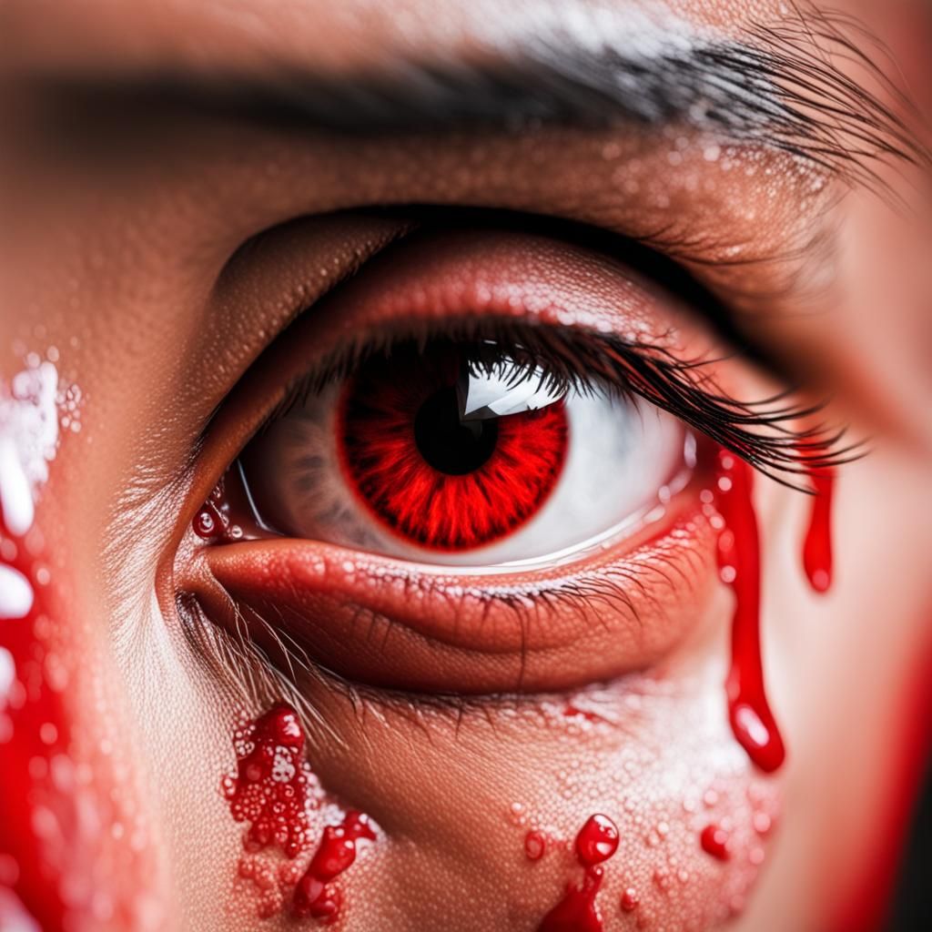 Intense Close-Up: Red, Wet, Angry Asian Eye