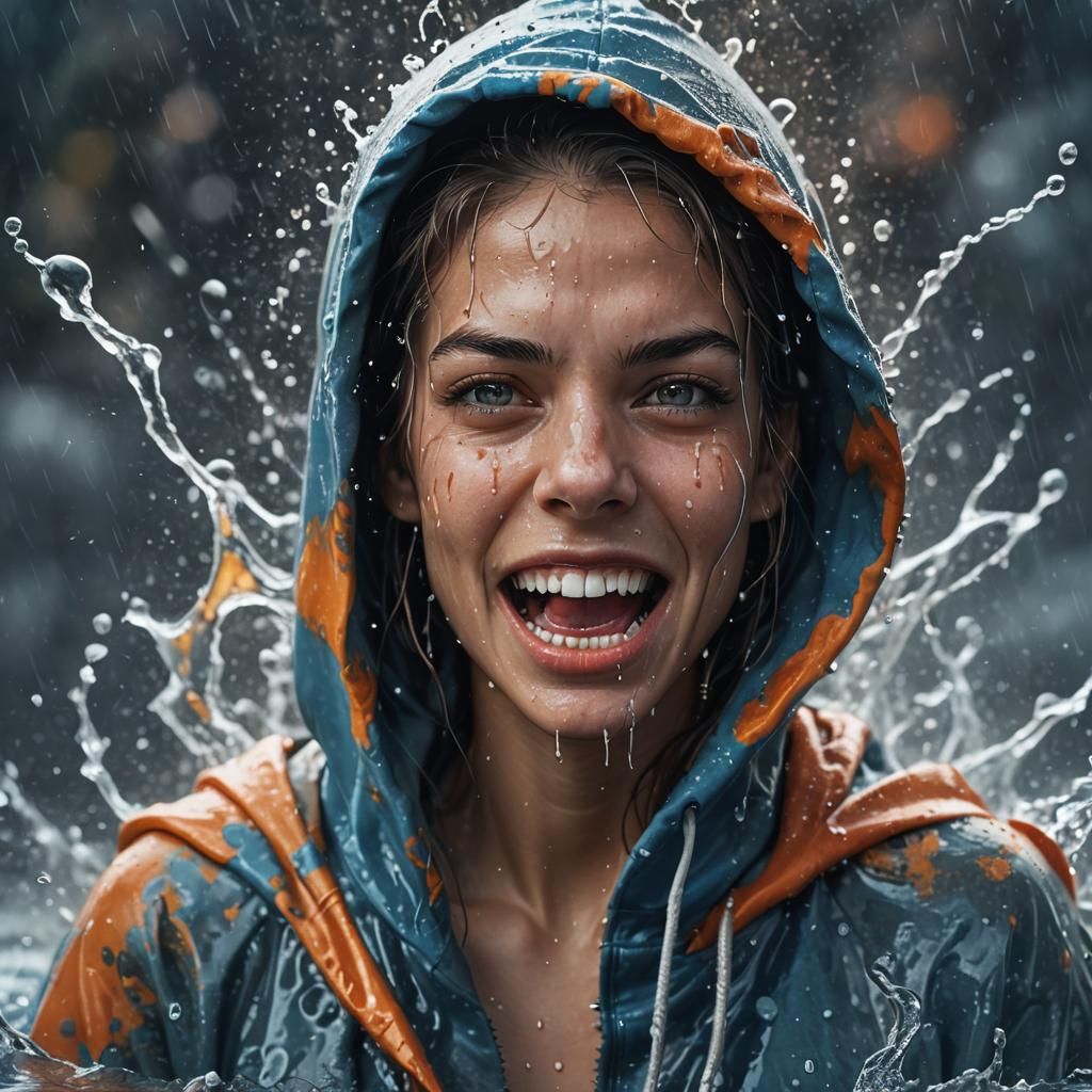Intense Woman in Splashing Water, Matte Painting