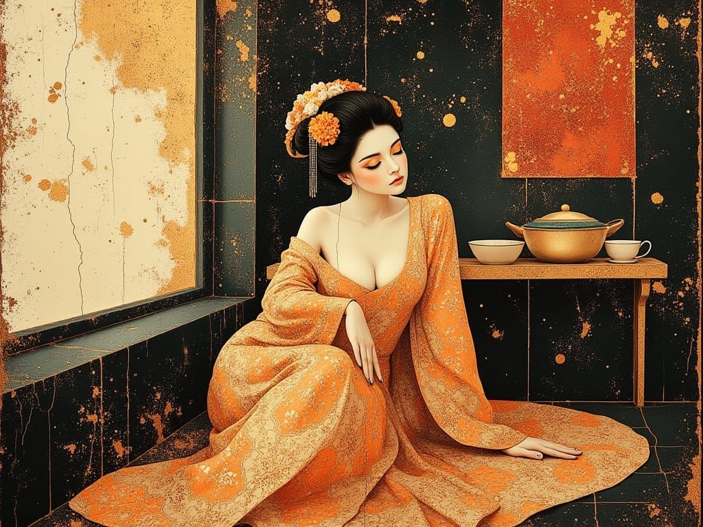 Elegant Geisha in Kimono, Art Nouveau Digital Art