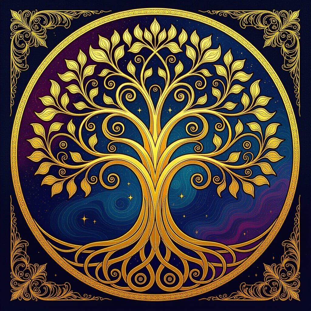 Golden Tree of Life in Cosmic Nebula Art Nouveau Style