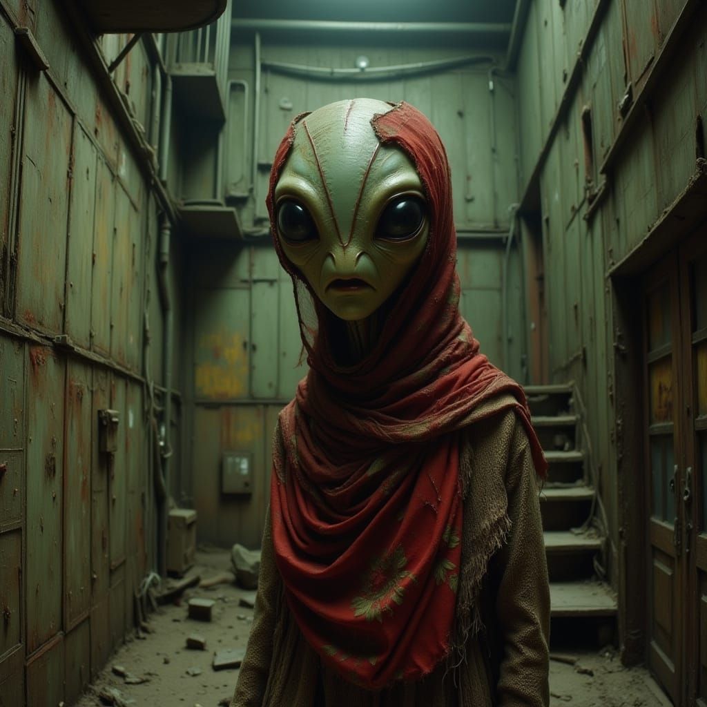 Alien in Soviet Stairwell with Floral Headscarf