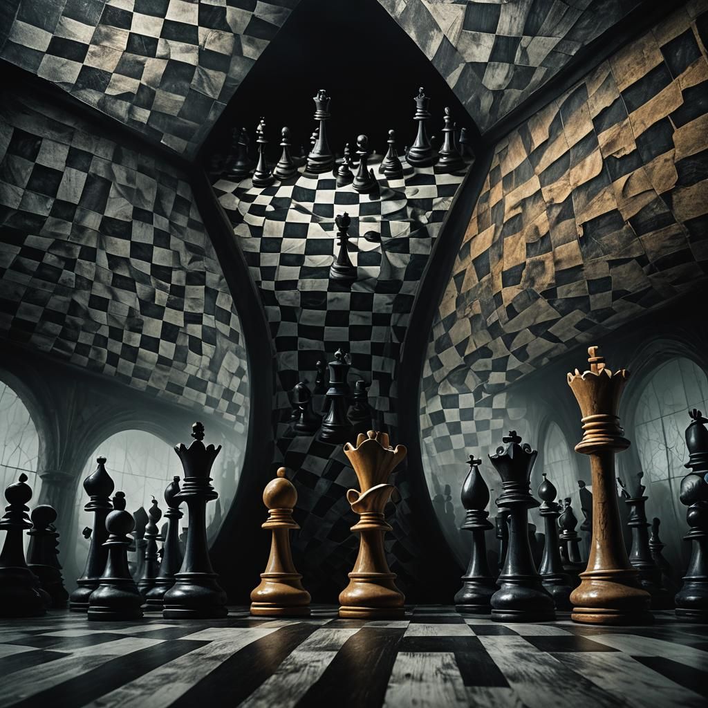 Surreal Chessboard in Misty Room, Dreamlike Art
