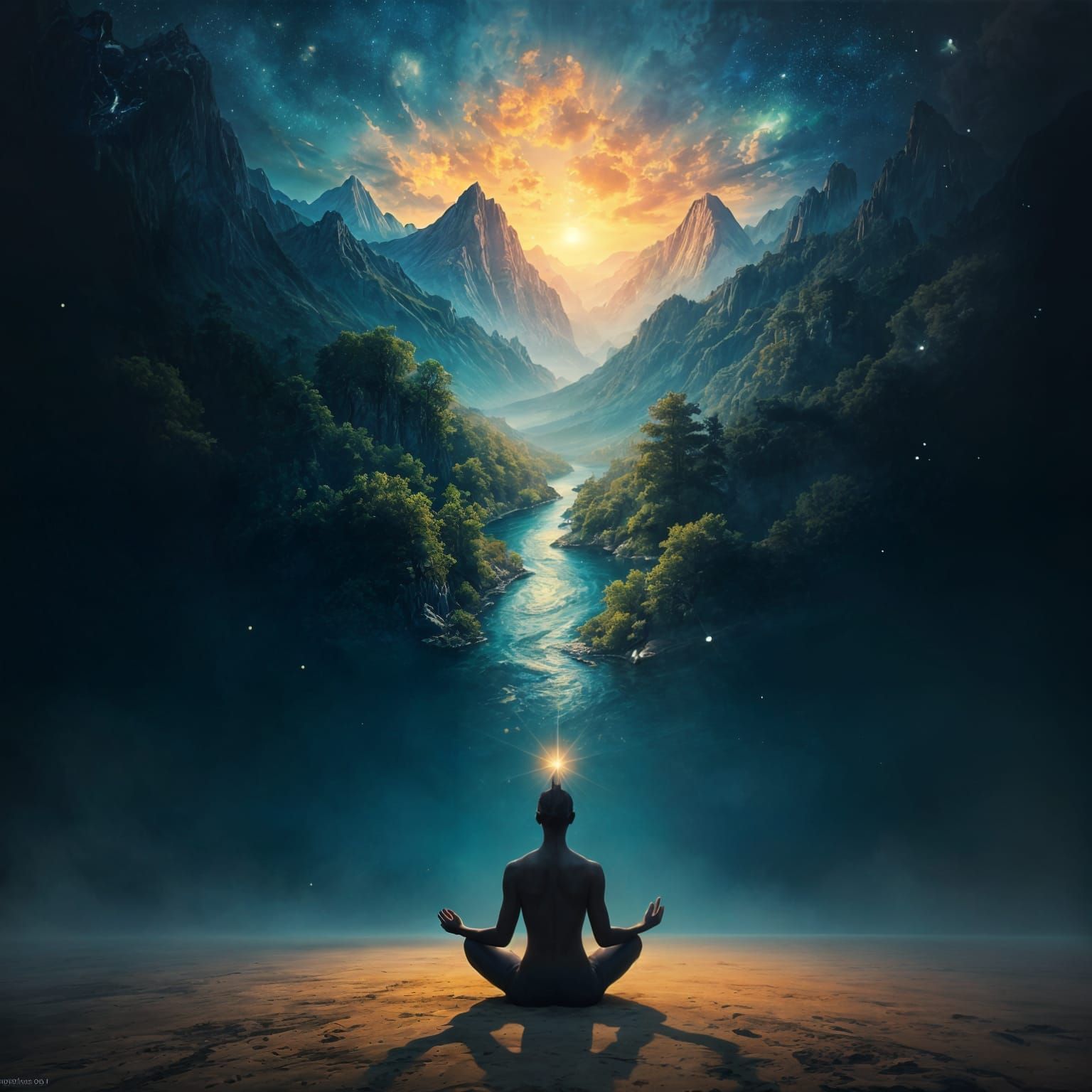 Surreal Meditative Figure Projects Luminous Landscape