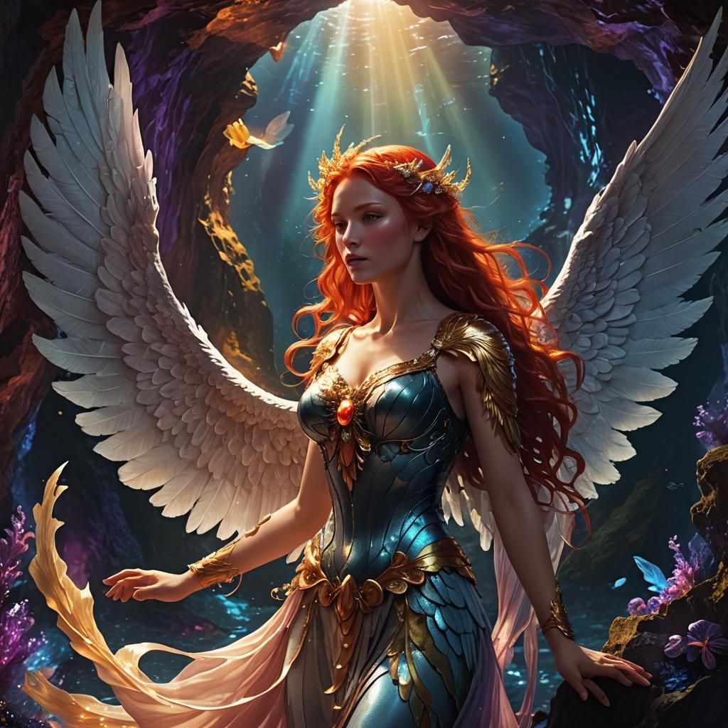 Red-Haired Siren Angel Singing in Marine Cave