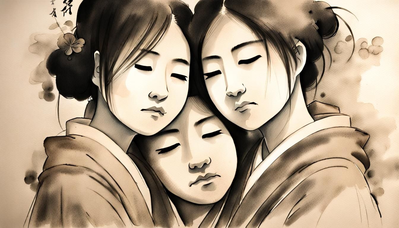 Japanese Lesbian Couple Embracing: Ink Wash Painting