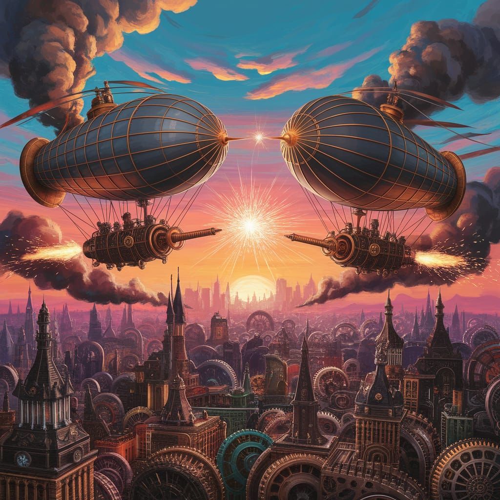 Epic Steampunk Airship Battle at Sunset