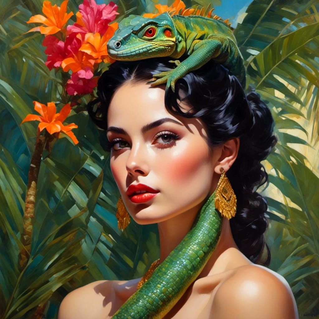 Dreamy Black-Haired Woman with Iguana