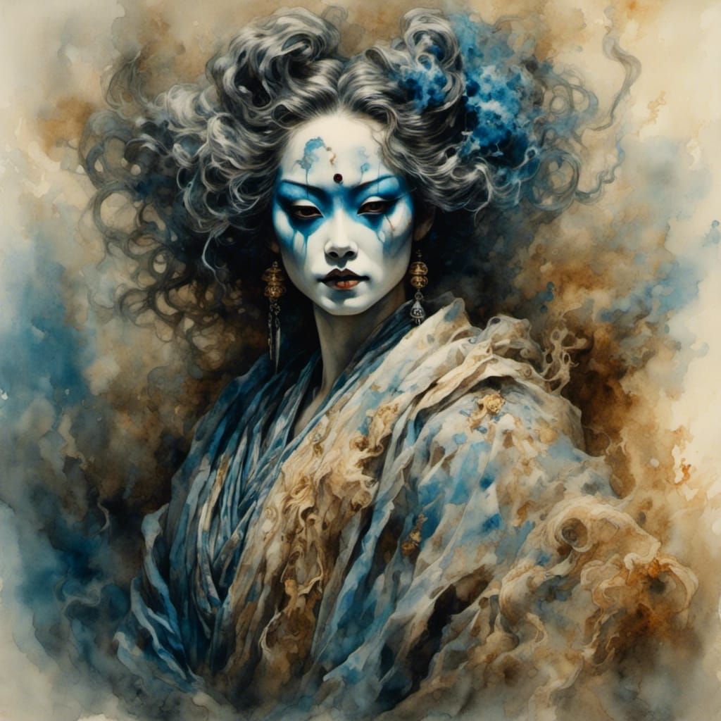 Kabuki Actor in Blue Makeup with Smoky Background