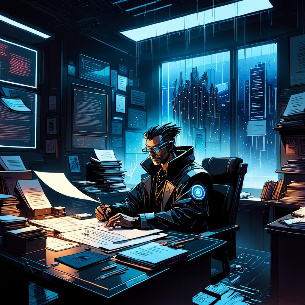Cyberpunk Bartleby in High-Tech Office, Concept Art