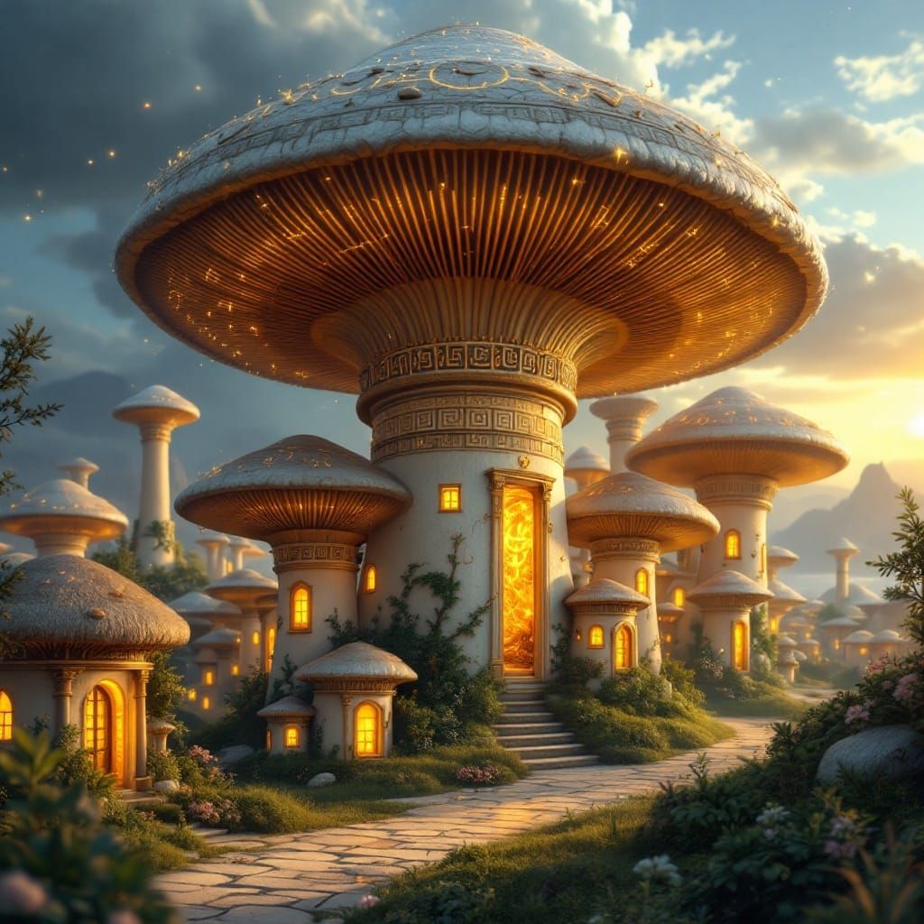 Surreal Greek Mushroom City with Glowing Windows
