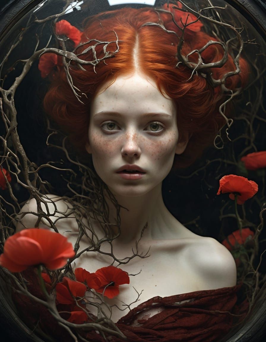 Ethereal Red-Haired Woman in Gothic Garden