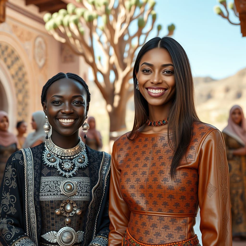 Moroccan Women in Traditional Dress, Photorealistic Style