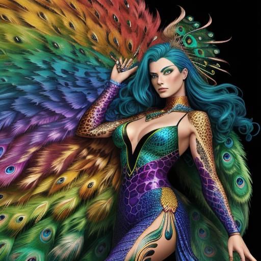 Rainbow Dragon Woman with Peacock Hair, Comic Art