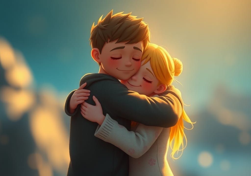 Heartfelt Reunion in Dreamy Digital Art Style