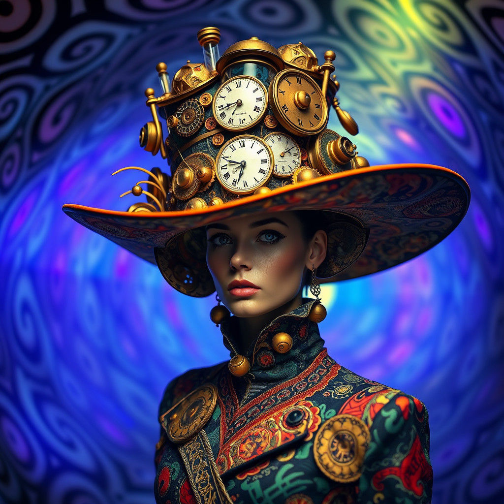 Surreal Fashion: Model in Dadaist Clockwork Hat
