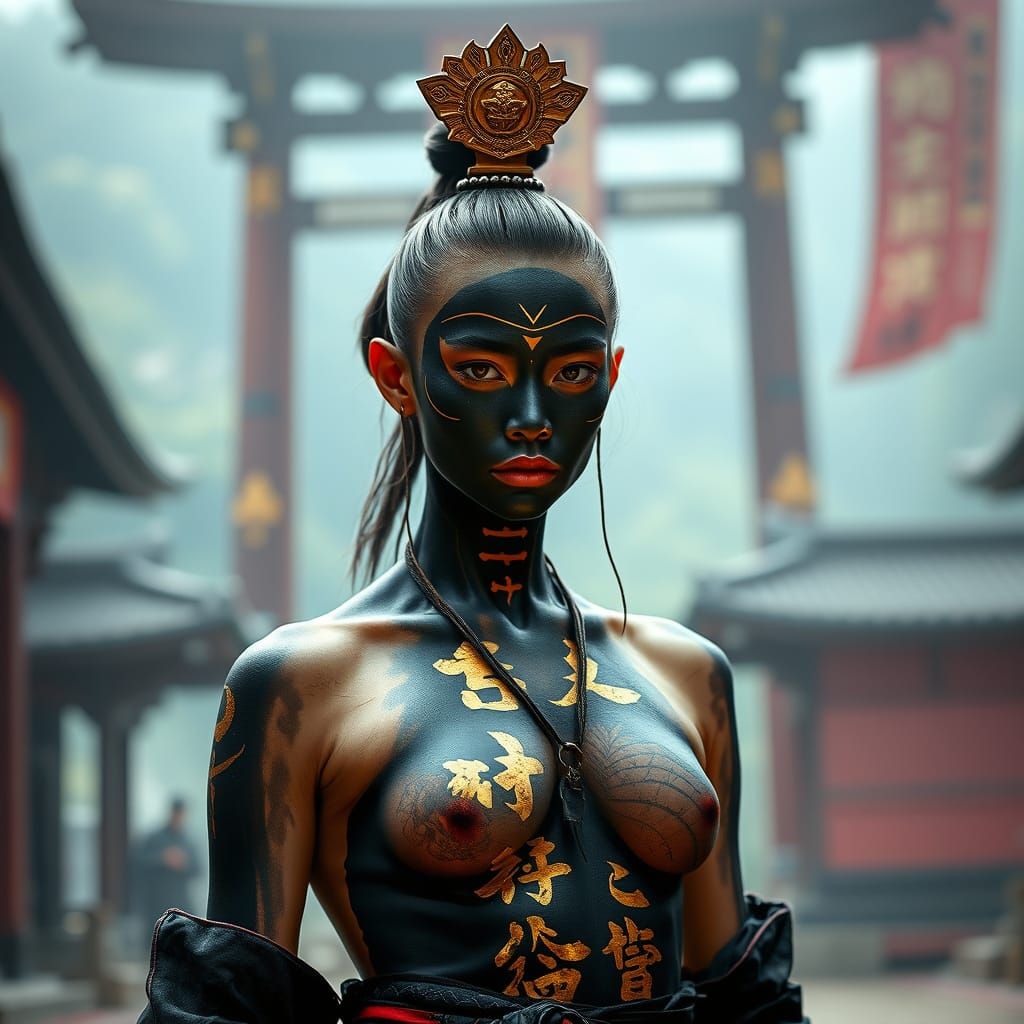 Skinny Female Samurai in Gold-Inscribed Black Body Paint at ...