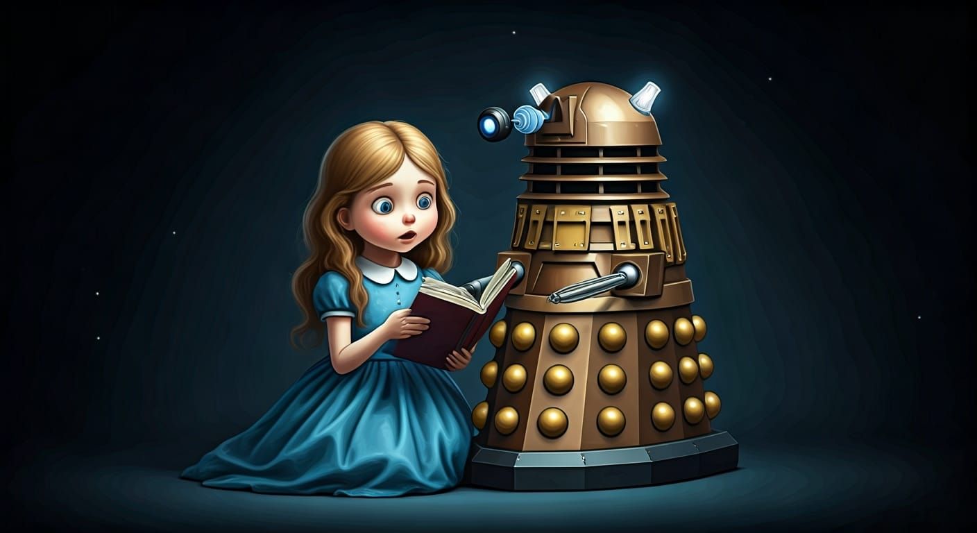 Girl Reads to Dalek in Whimsical Style