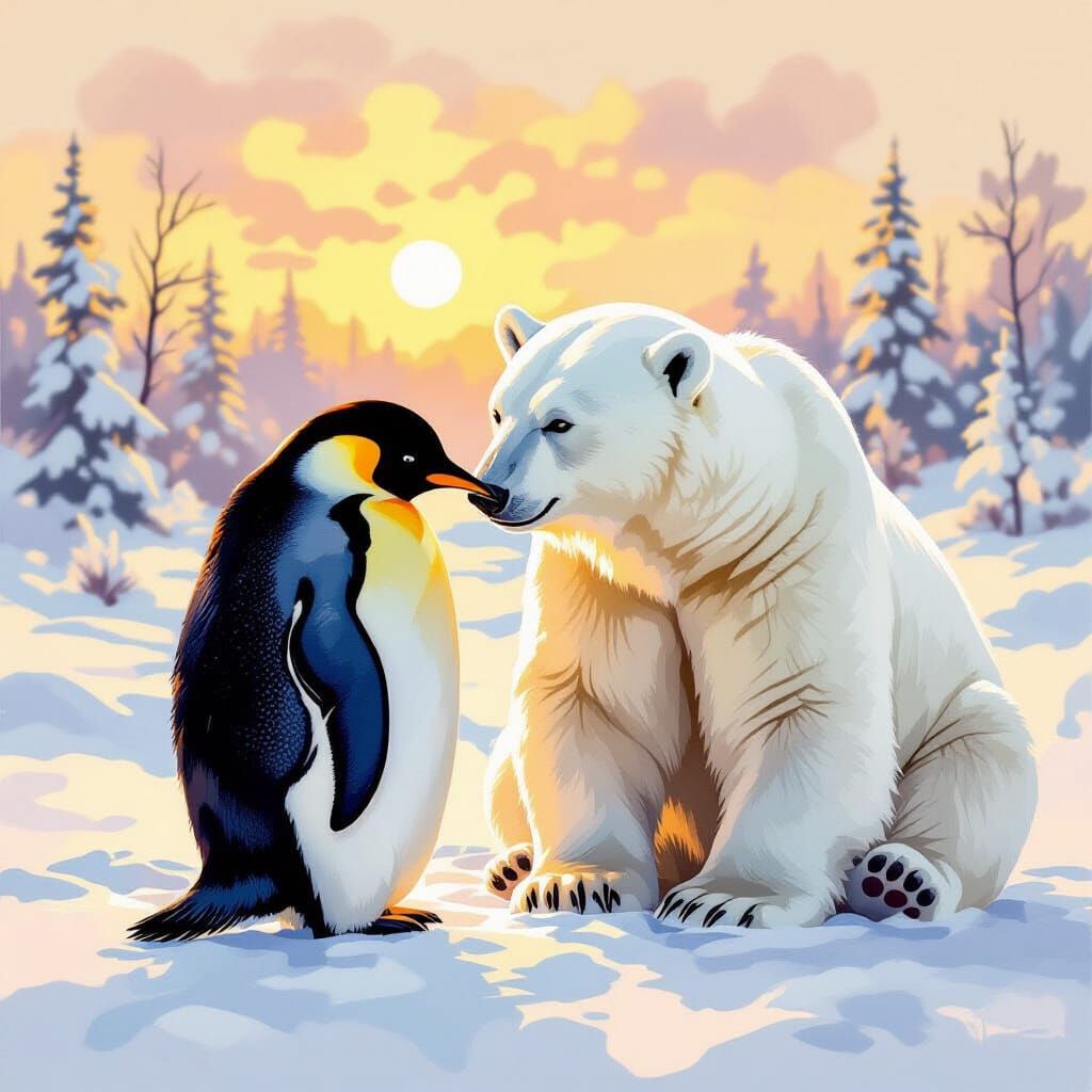 Penguin and Polar Bear Friendship in Watercolor Impasto