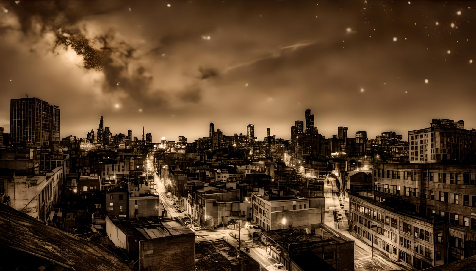 Sepia Ruined Cityscape Under Starry Midnight Sky