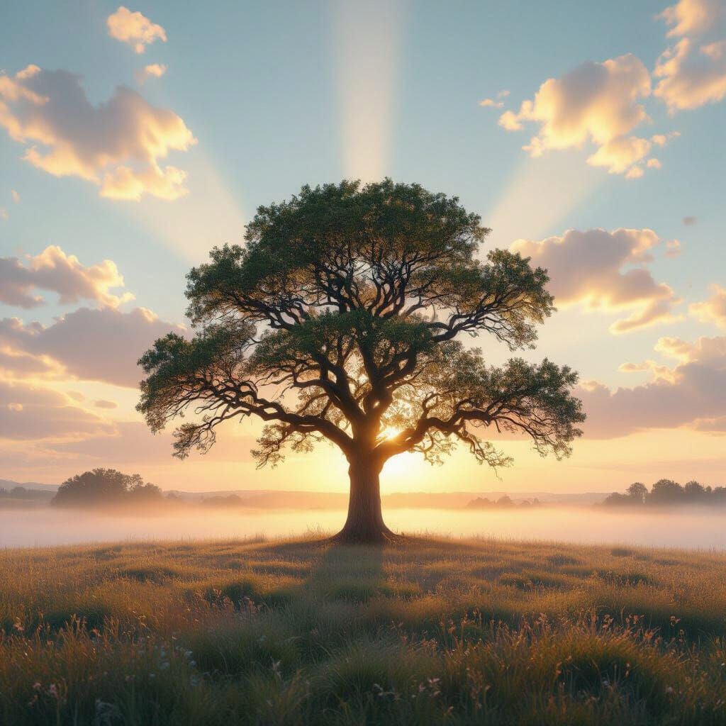 Dreamcore Landscape with Solitary Ancient Tree