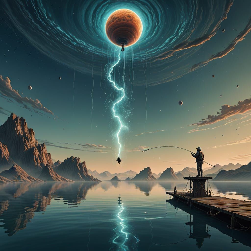 Surreal Fisherman in Mid-Air Water Scene with Gas Giant